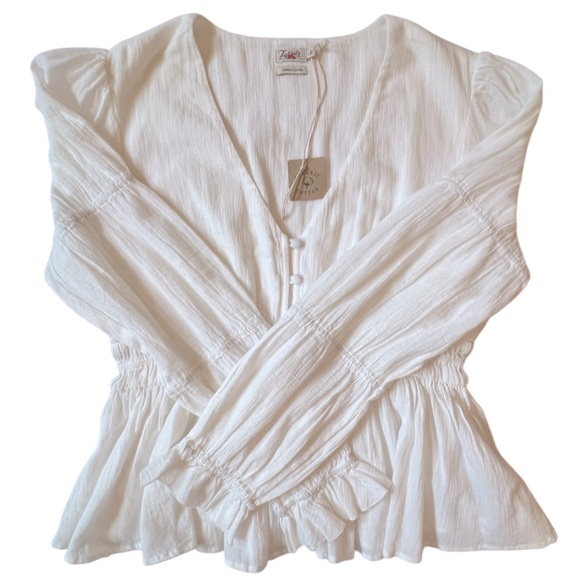 Faherty Colette Organic Cotton Blouse Button Up Smocked Ruffles White Sz L - Picture 9 of 16